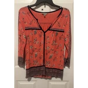 Lucky Brand Long Sleeve Floral Print‎ V-Neck Boho Blouse Women's Size Small